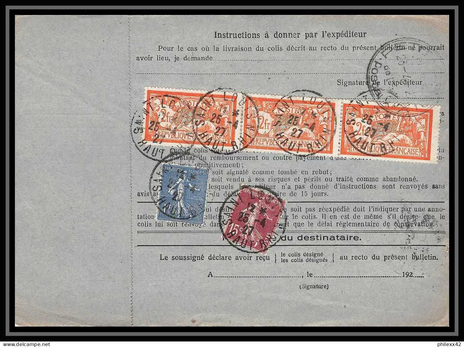 25000 Bulletin D'expédition France Colis Postaux Fiscal Haut Rhin Saint Louis 1927 Semeuse Merson 143 Alsace-Lorraine  - Brieven & Documenten