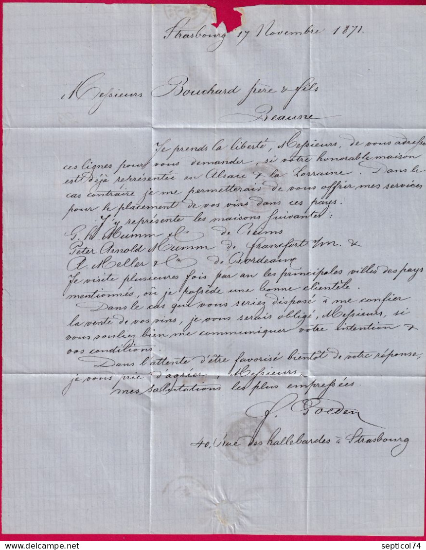 STRASBOURG BAS RHIN CAHET ROUGE F DE FRANCHISE TAXE TAMPON 25C + 20 ALLEMANDE POUR BEAUNE COTE D'OR 17.11.1871 LETTRE - Krieg 1870