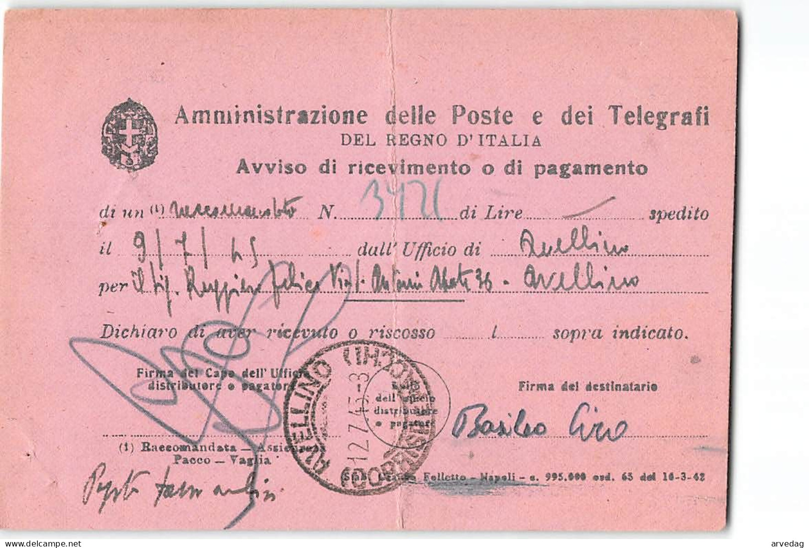 16355 01  LUOGOTENENZA AVVISO DI RICEVIMENTO PAGAMENTO AVELLINO - Poststempel