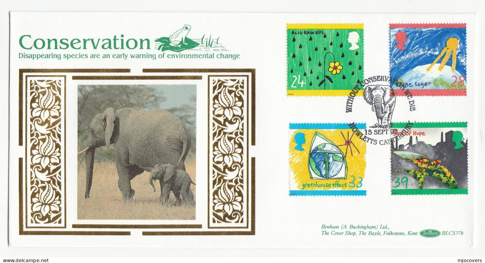 ELEPHANT CONSERVATION Special SILK FDC Howletts Canterbury Set ENVIRONMENT CLIMATE GREEN Stamps GB Cover 1992 - Olifanten