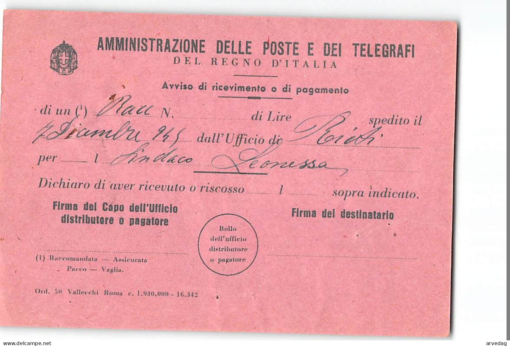 16393 03  LUOGOTENENZA AVVISO DI RICEVIMENTO PAGAMENTO RIETI LEONESSA - Storia Postale