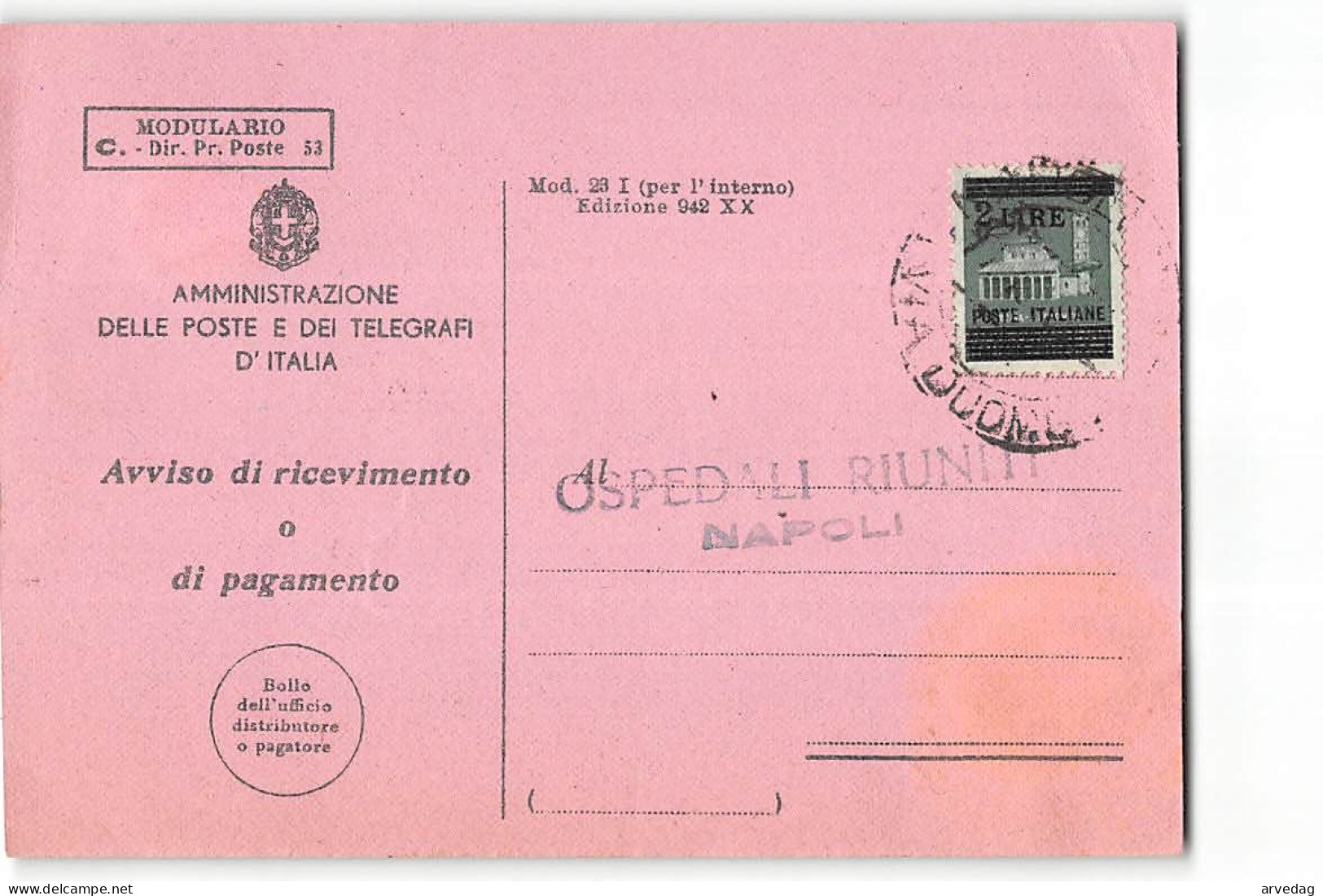 16402 02   LUOGOTENENZA AVVISO DI RICEVIMENTO PAGAMENTO NAPOLI VI A DUOMO GAVONE VAL TROMPIA - Storia Postale