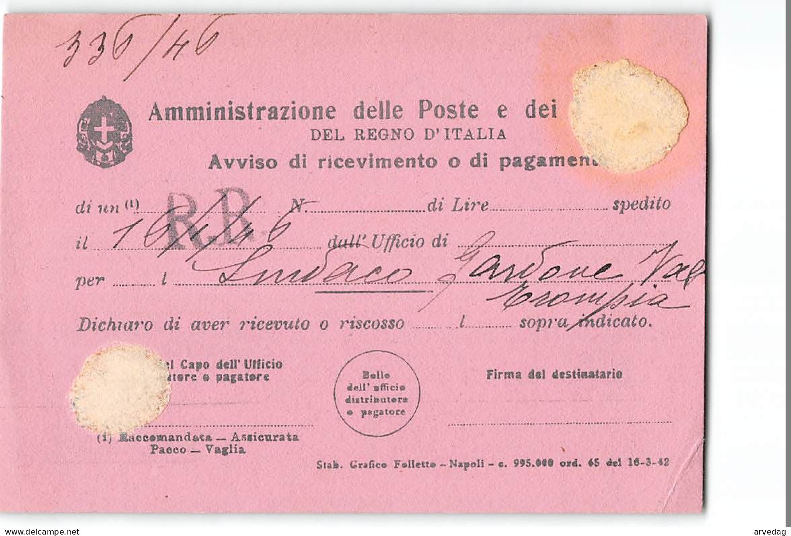 16402 02   LUOGOTENENZA AVVISO DI RICEVIMENTO PAGAMENTO NAPOLI VI A DUOMO GAVONE VAL TROMPIA - Storia Postale