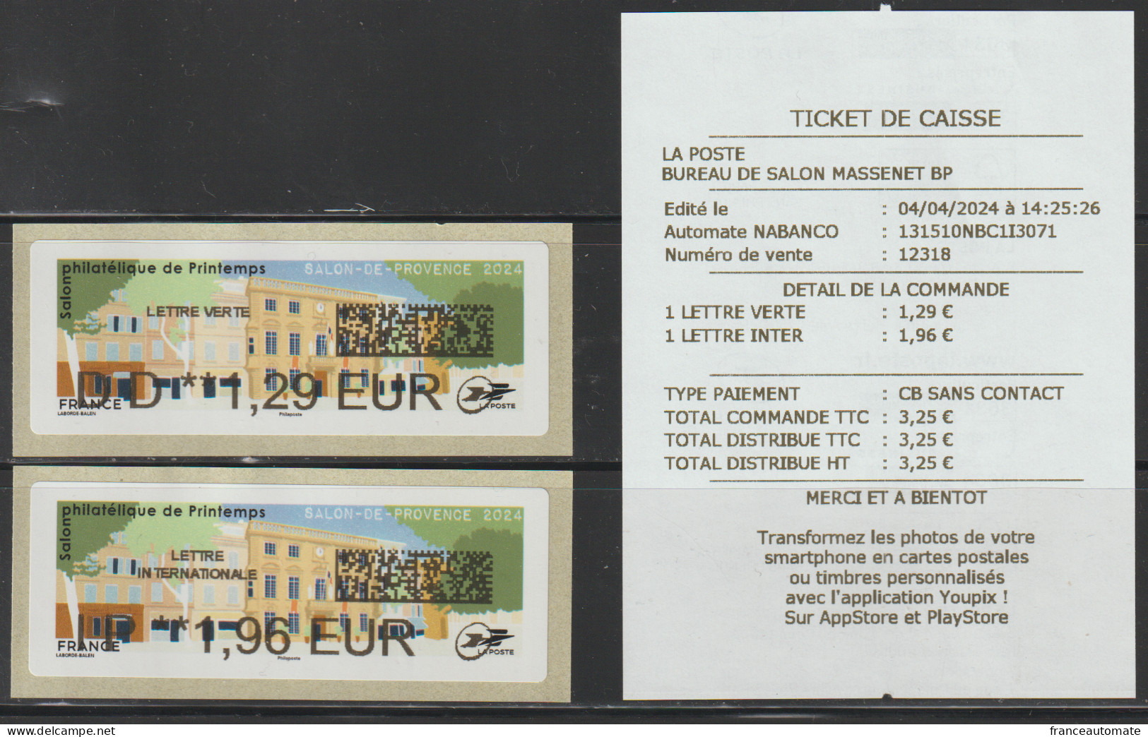 2 Atms, NABANCO, LETTRE VERTE DD 1.29 Et INTER. IP 1.96€. Hôtel De Ville, Salon De Provence, 4 04 24, Salon De Printemps - 2010-... Geïllustreerde Frankeervignetten