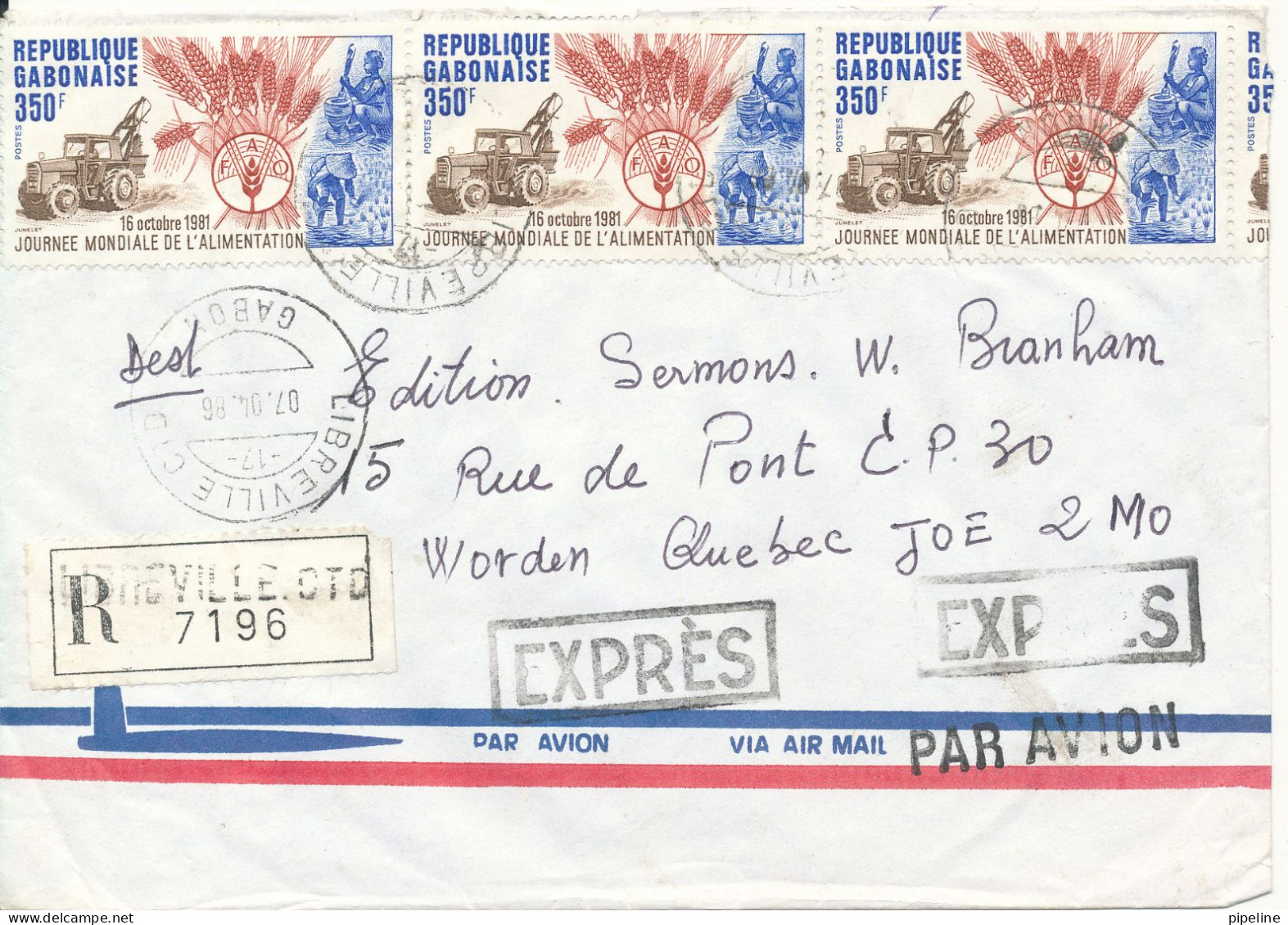 Gabon Registered Air Mail Cover Sent Express To Canada 7-4-1986 FAO Stamps On Front And Backside Of The Cover - Gabon
