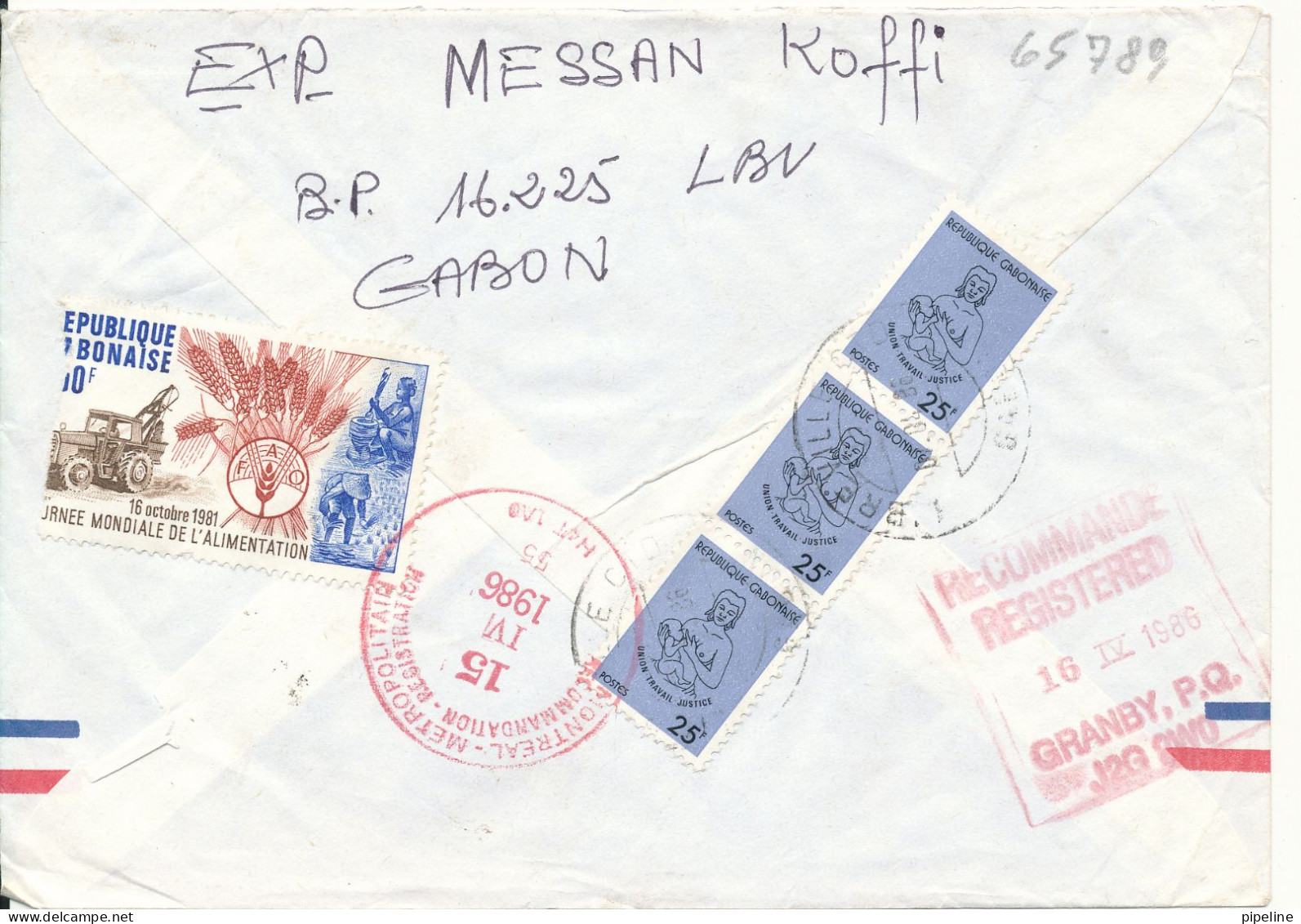 Gabon Registered Air Mail Cover Sent Express To Canada 7-4-1986 FAO Stamps On Front And Backside Of The Cover - Gabon
