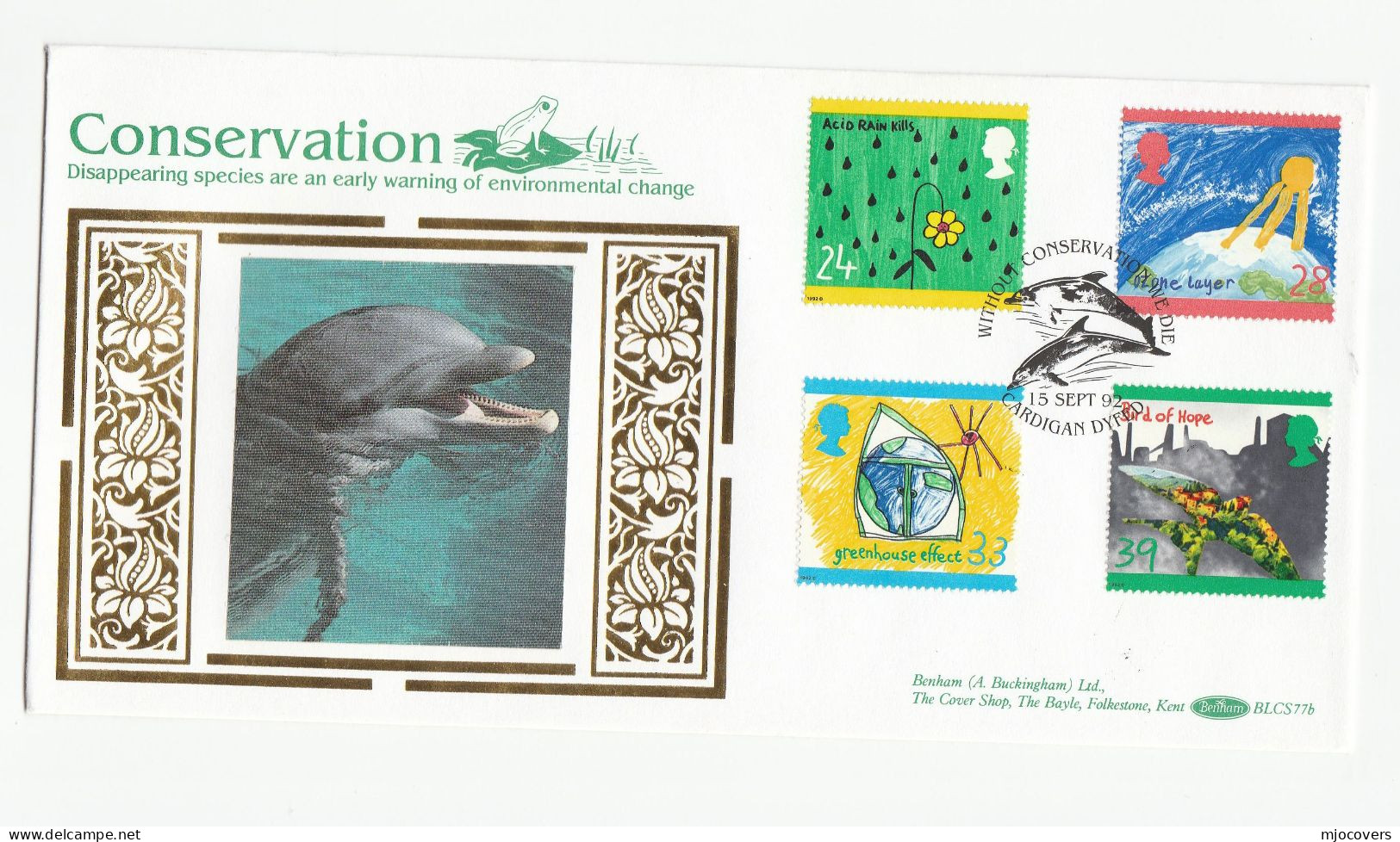 DOLPHIN CONSERVATION Special SILK FDC Cardigan Set ENVIRONMENT CLIMATE  GREEN Stamps GB Cover 1992 - Dolphins