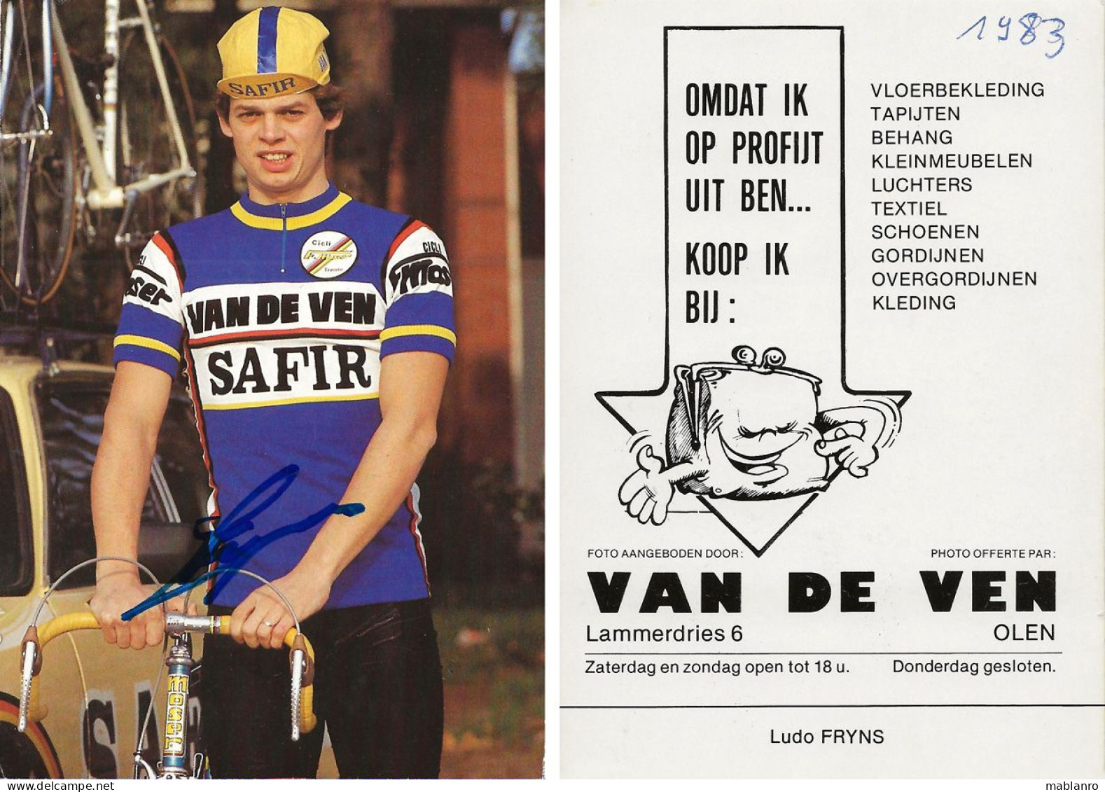 CARTE CYCLISME LUDO FRYNS SIGNEE TEAM SAFIR 1983 - Cyclisme