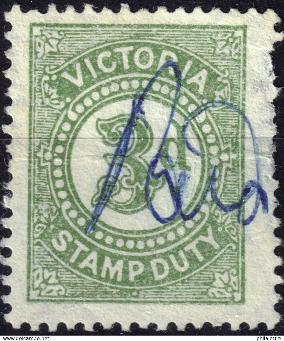 AUSTRALIA / VICTORIA - 3d Olive Green Stamp Duty Revenue Stamp - Used (pen Cancel) - Gebruikt