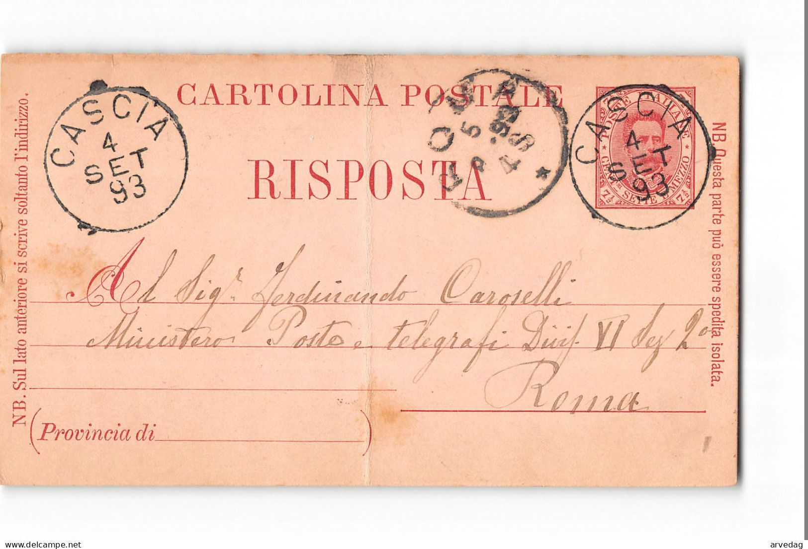 16480 01 PERUGIA CASCIA X ROMA 1893 - Entiers Postaux