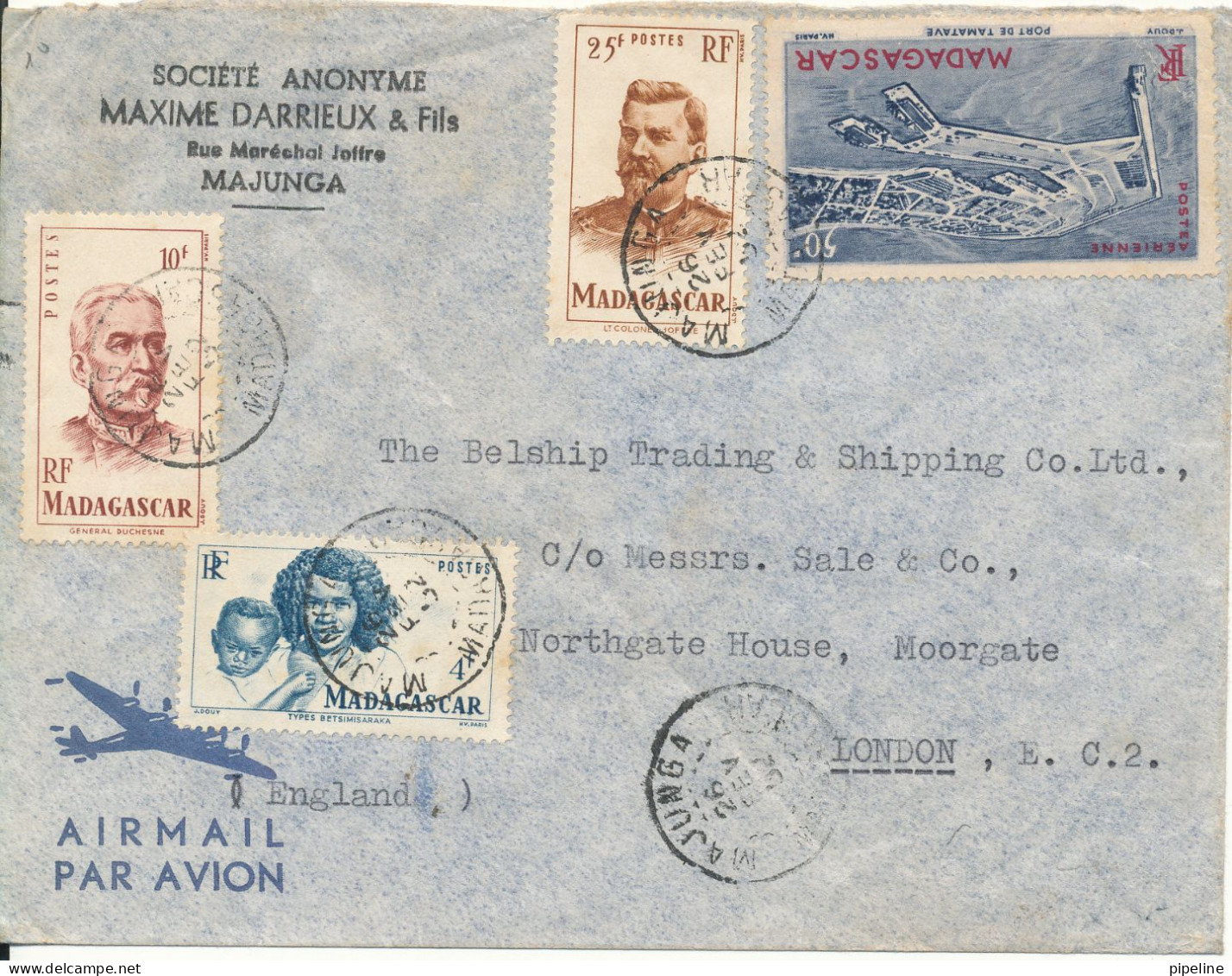 Madagascar Air Mail Cover Sent To England 26-2-1952 With More Topic Stamps The Cover Is A Little Damaged At The Top On T - Madagascar (1960-...)