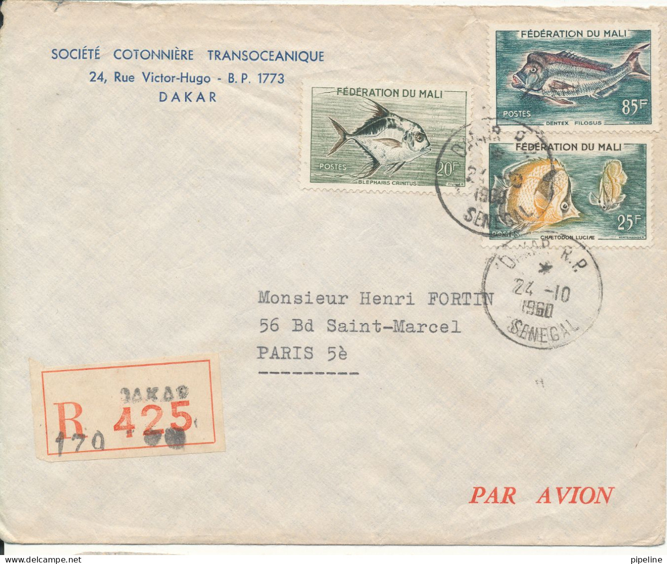 Mali Registered Air Mail Cover Sent To France 24-10-1960 Topic Stamps FISH  The Flap On The Backside Of The Cover Is Mis - Mali (1959-...)