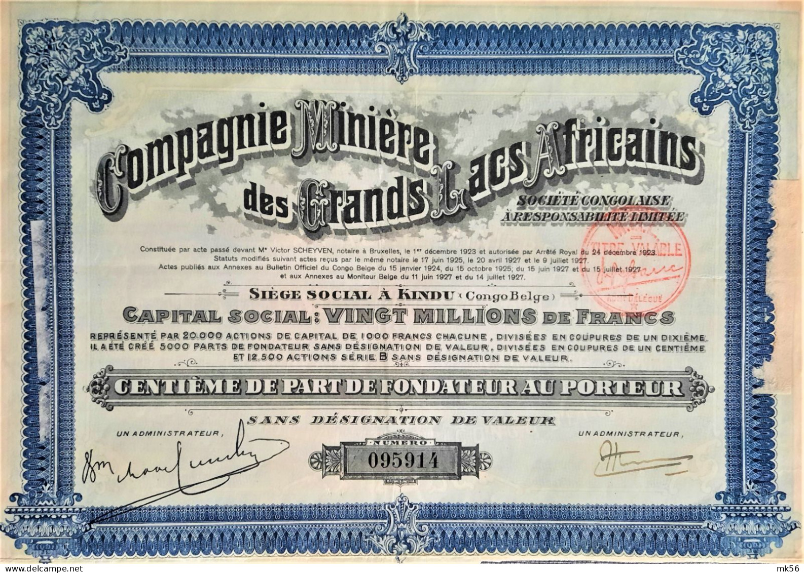 Société Minière Des Grands Lacs Africains - Kindu - 1/100e De Part De Fondateur - Afrique