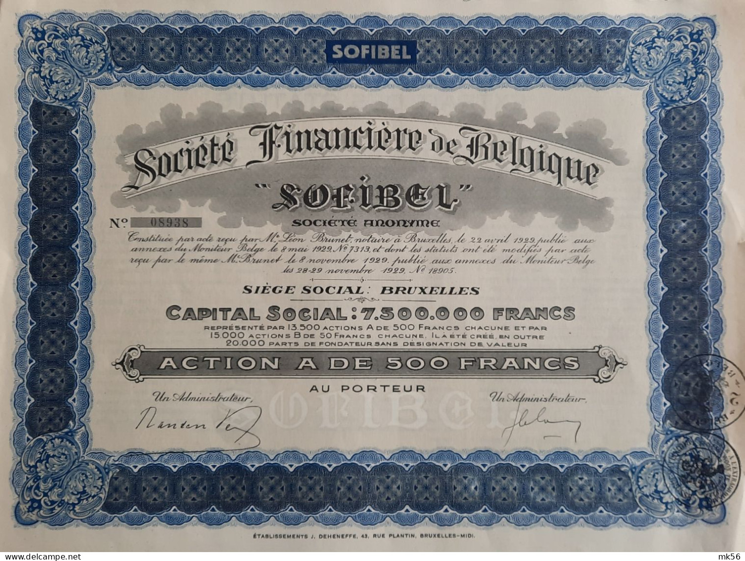 Société Financière De Belgique - SOFIBEL - Bruxelles - 1929 - Bank En Verzekering