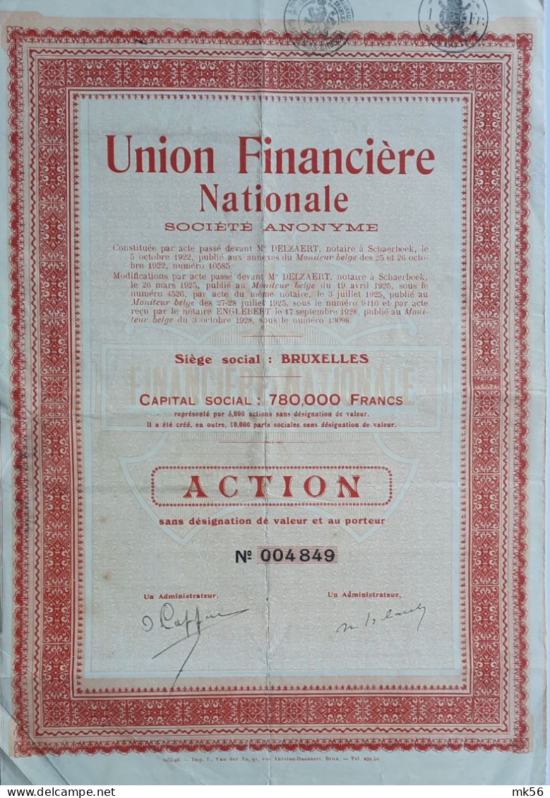 Union Financière Nationale - Bruxelles - 1928 - Action - Bank & Insurance