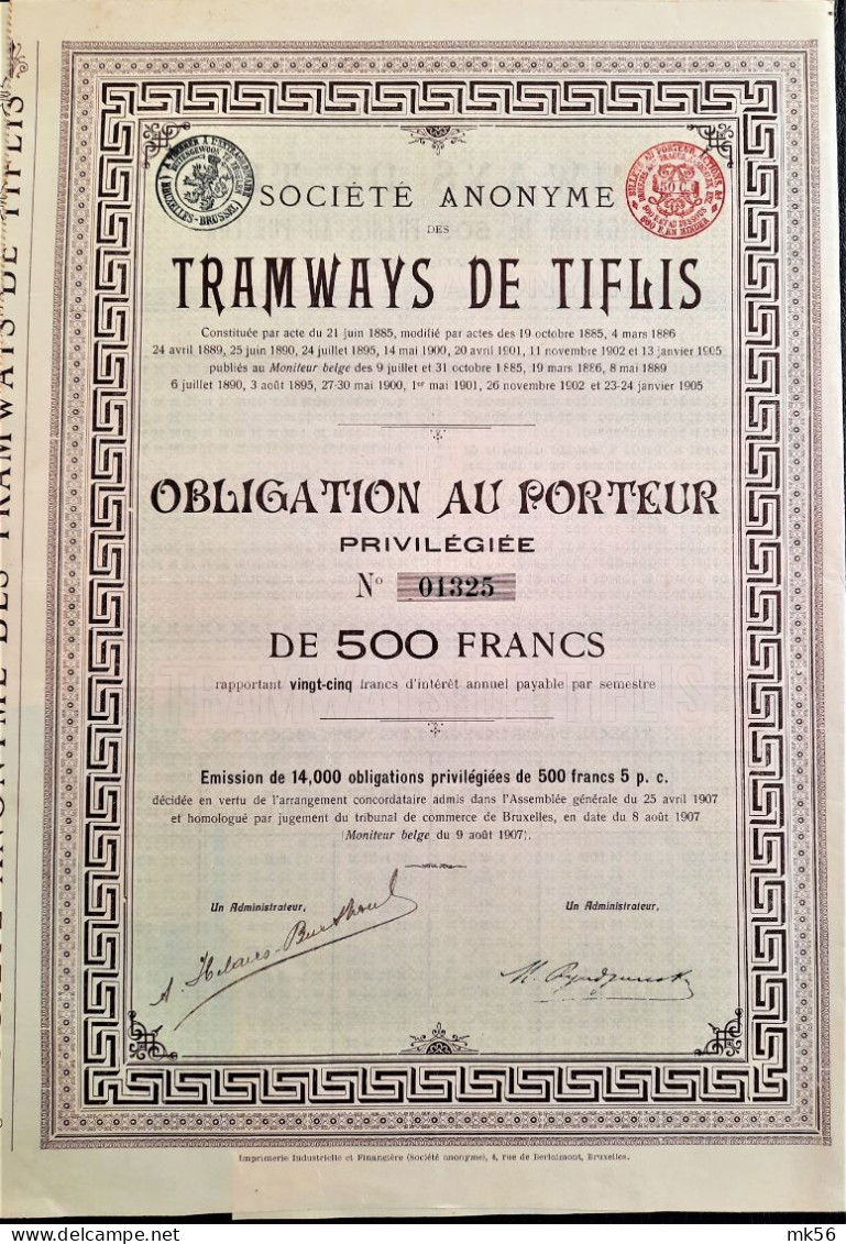 S.A. Tramways De Tiflis - Obligation Au Porteur Priviligiée De 500 Francs  (1907) - Spoorwegen En Trams