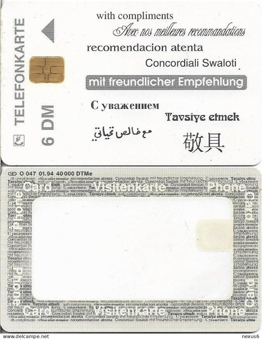 Germany - Weiss Visitenkarte (NO Overprint) - O 0047 - 01.1994, 6DM, 40.000ex, Used - O-Series : Séries Client