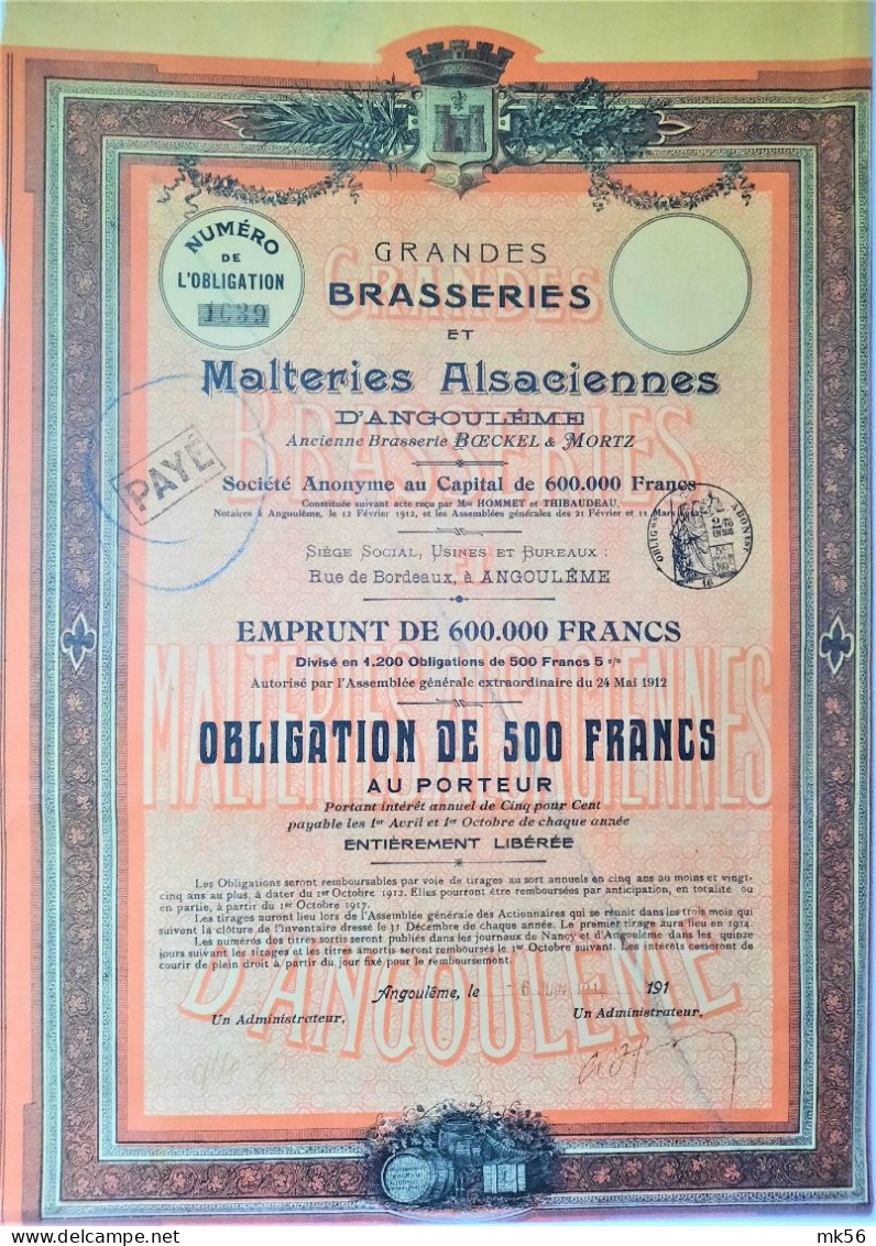Grandes Brasseries Et Malteries Alsaciennes - Angoulème - Obligation De 500 Francs  - 1931 - Sonstige & Ohne Zuordnung