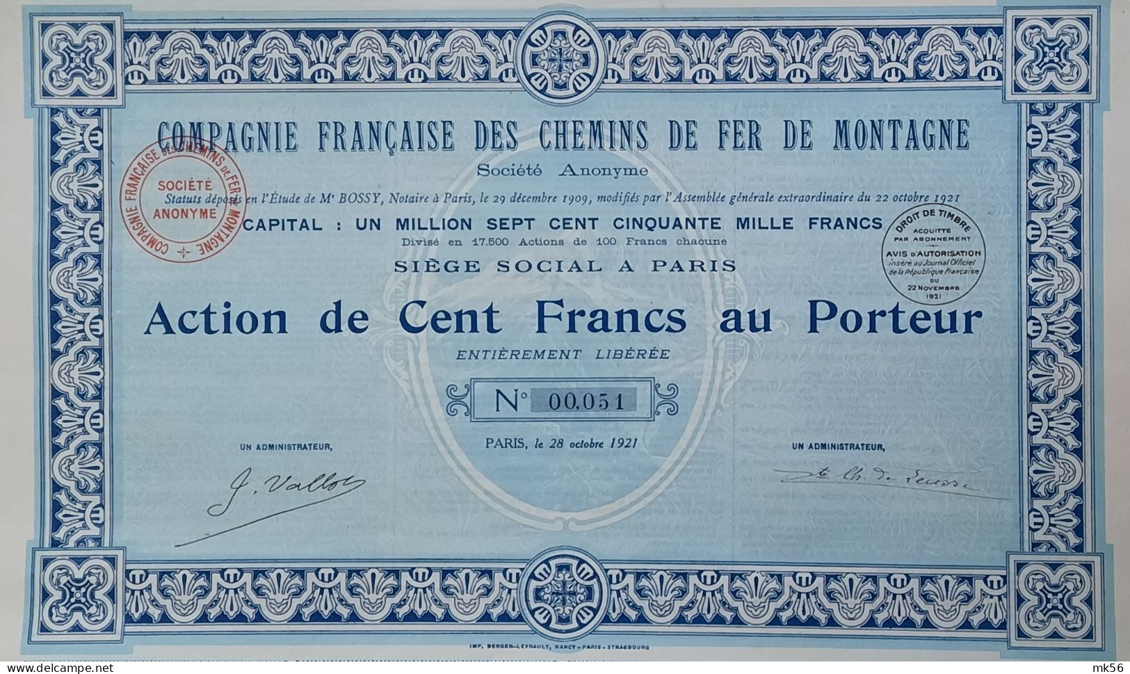 Compagnie Française Des Chemins De Fer De Montagne - 1921 - Paris - Ferrocarril & Tranvías
