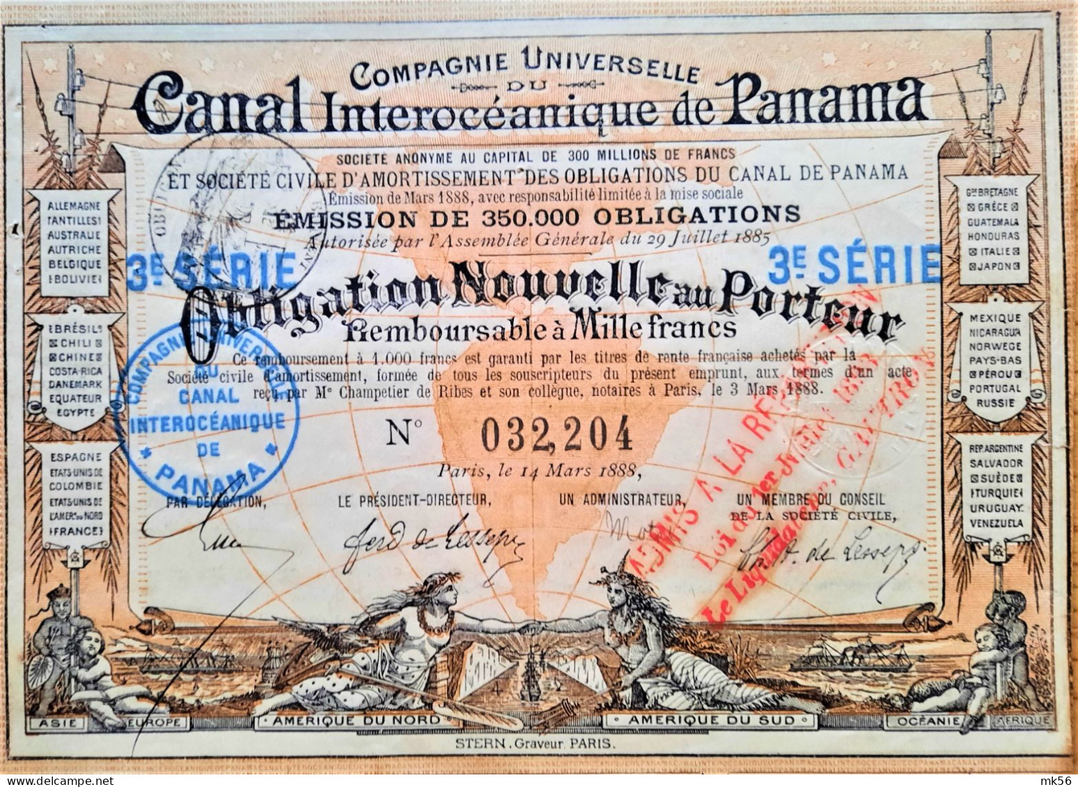 Cie Universelle Du Canal Interocéanique De Panama - Obligation Nouvelle Au Porteur - Paris 1888 - Déco ! - Navy