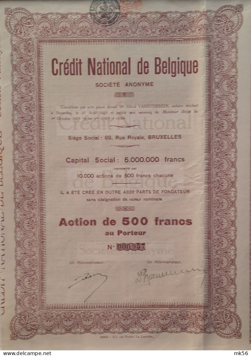 Crédit National De Belgique - Bruxelles - Action De 500 Francs - 1925 - Bank En Verzekering