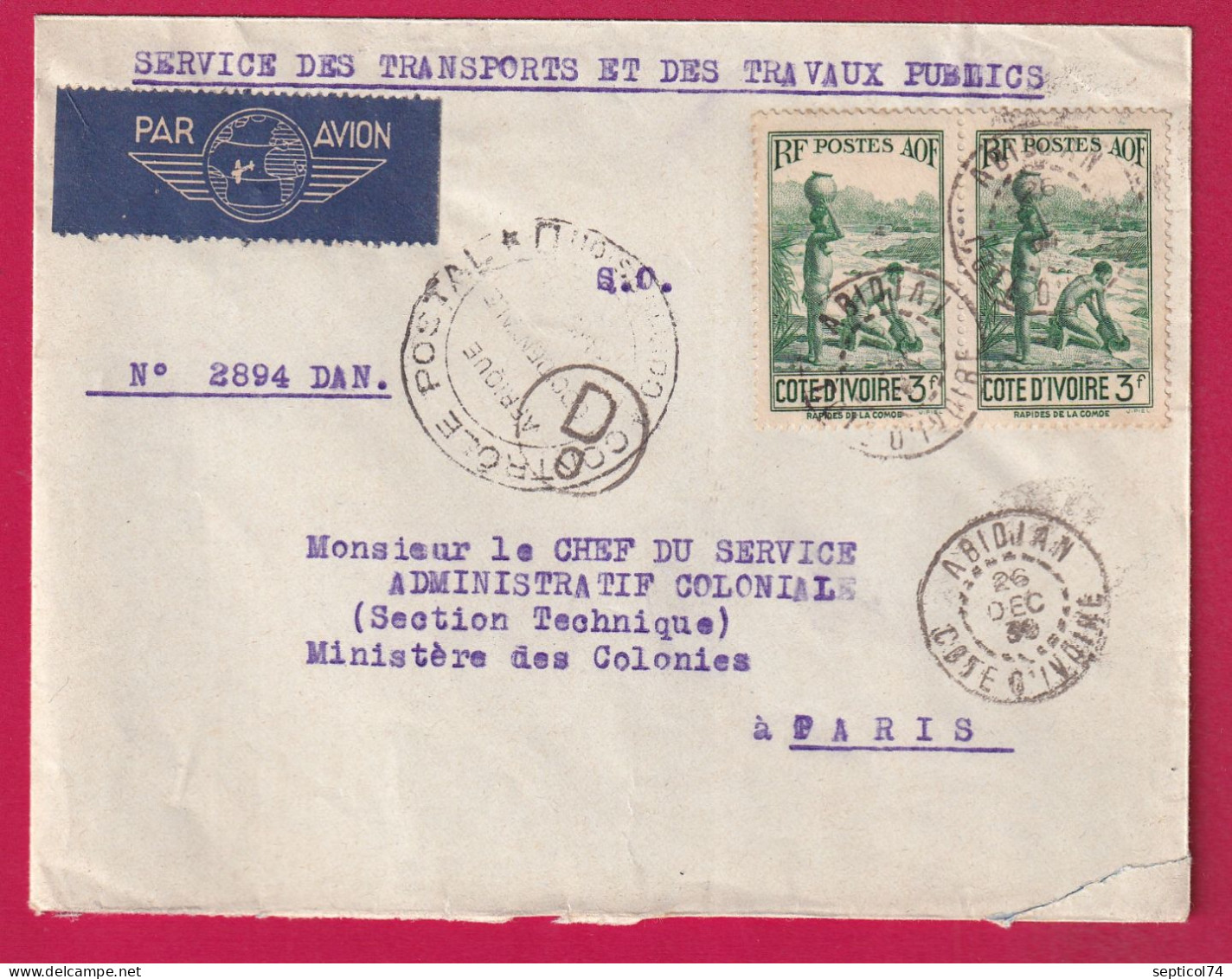 ABIDJAN COTE D'IVOIRE 1939 CENSURE CENSOR CONTROLE POSTALE AOF POUR PARIS LETTRE - Covers & Documents