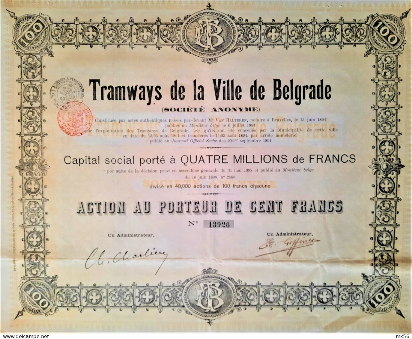 S.A. Tramways De La Ville De Belgrade - Action De 100 Fr (1894 !!) - Ferrocarril & Tranvías