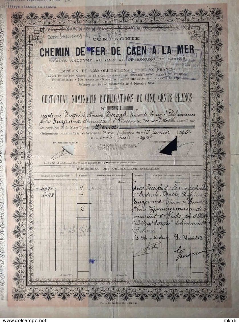 Chemin De Fer De Caen à La Mer -certificat Nominatif D'obligations De 500 Francs - 1934 - Bahnwesen & Tramways
