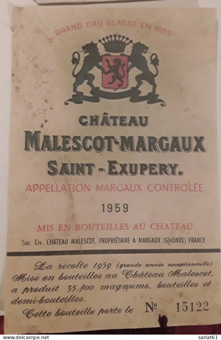 Étiquette Malescot Margaux Saint Exupéry 1959 - Bordeaux