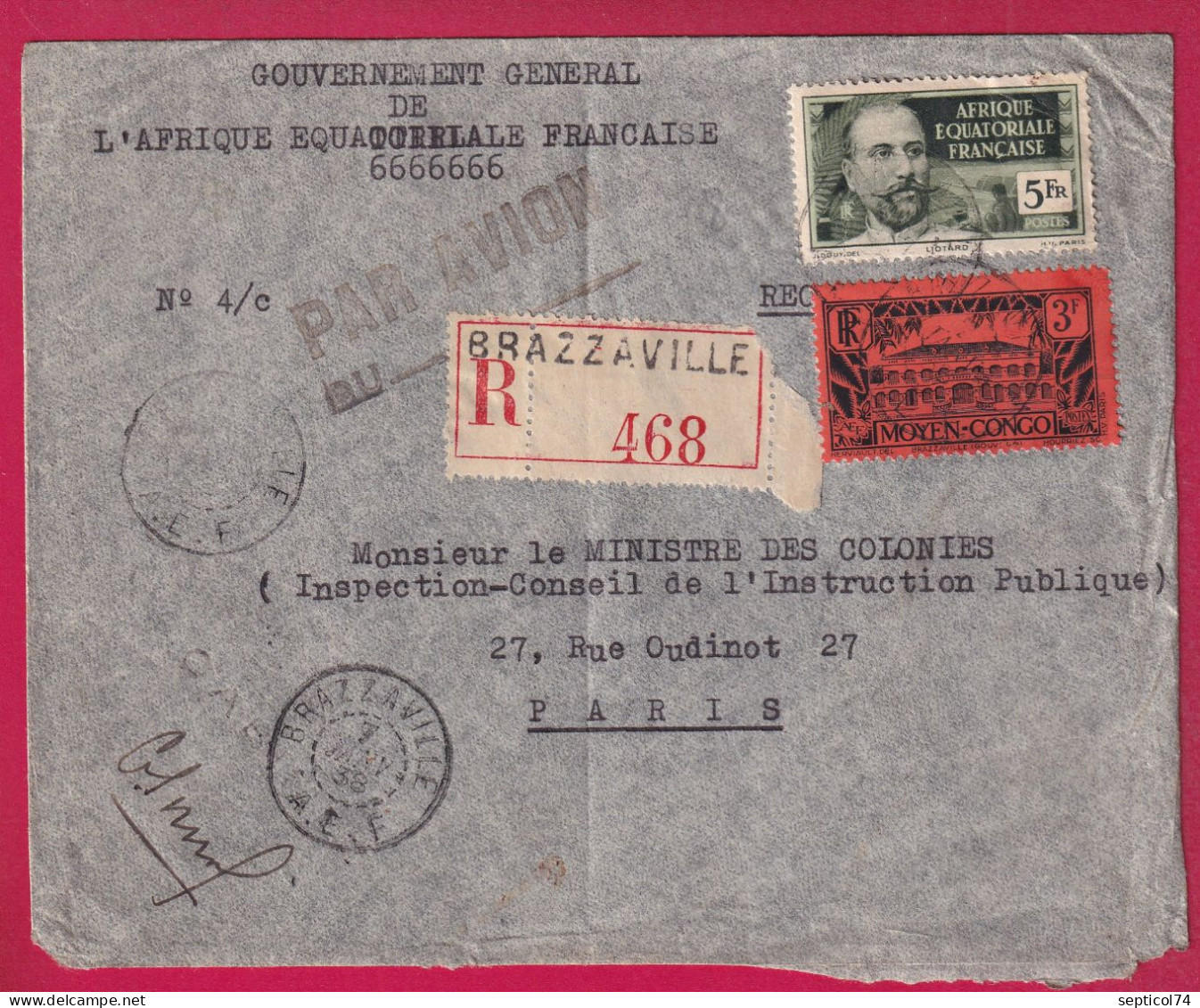 BRAZAVILLE AEF TIMBRE MOYEN CONGO 1938 RECOMMANDE PAR AVION  LETTRE - Covers & Documents