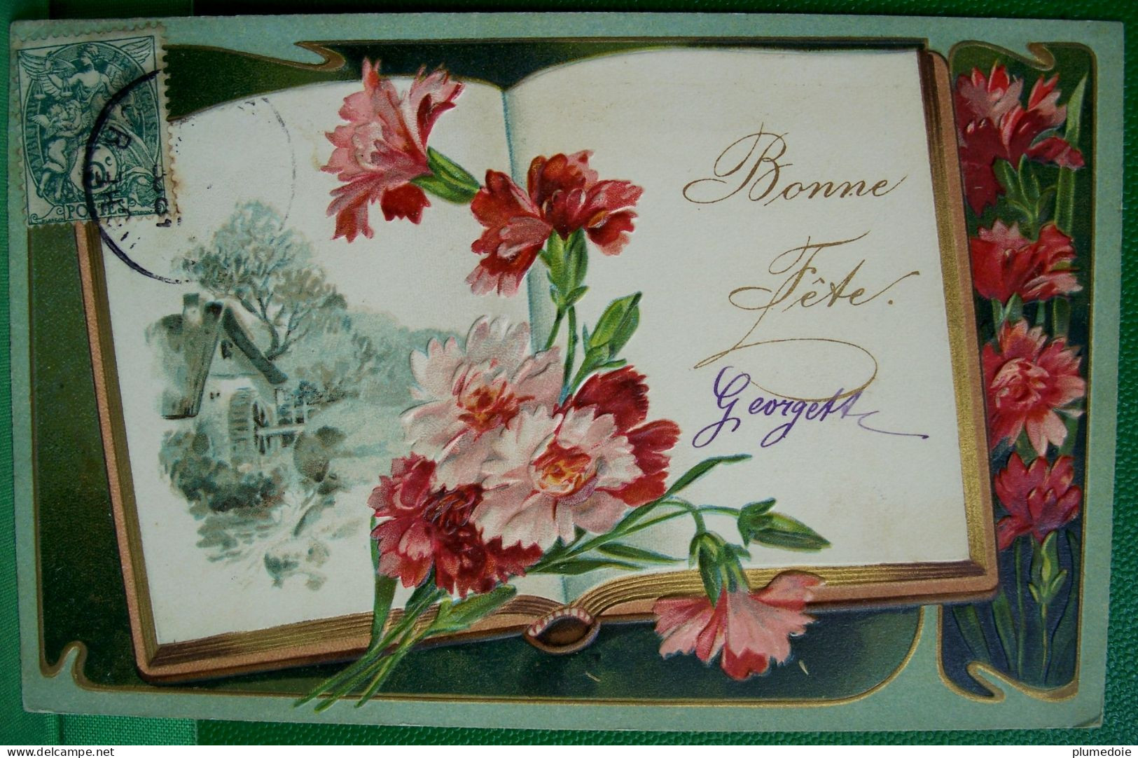 Cpa  Gaufrée FLEURS SUR LES PAGES D UN LIVRE OUVERT OEILLETS  1907  FLOWERS ON THE PAGES OF AN OPEN BOOK EMBOSSED OLD PC - Fiori