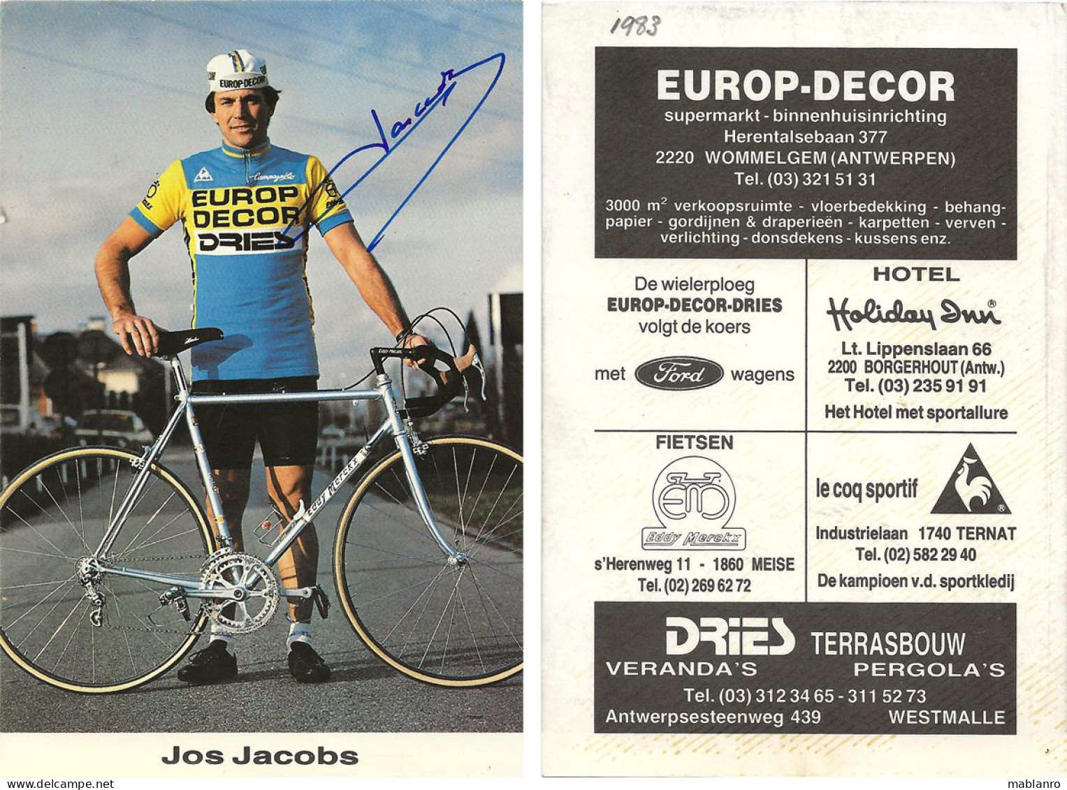 CARTE CYCLISME JOS JACOBS SIGNEE TEAM EUROP DECOR 1983 - Cyclisme