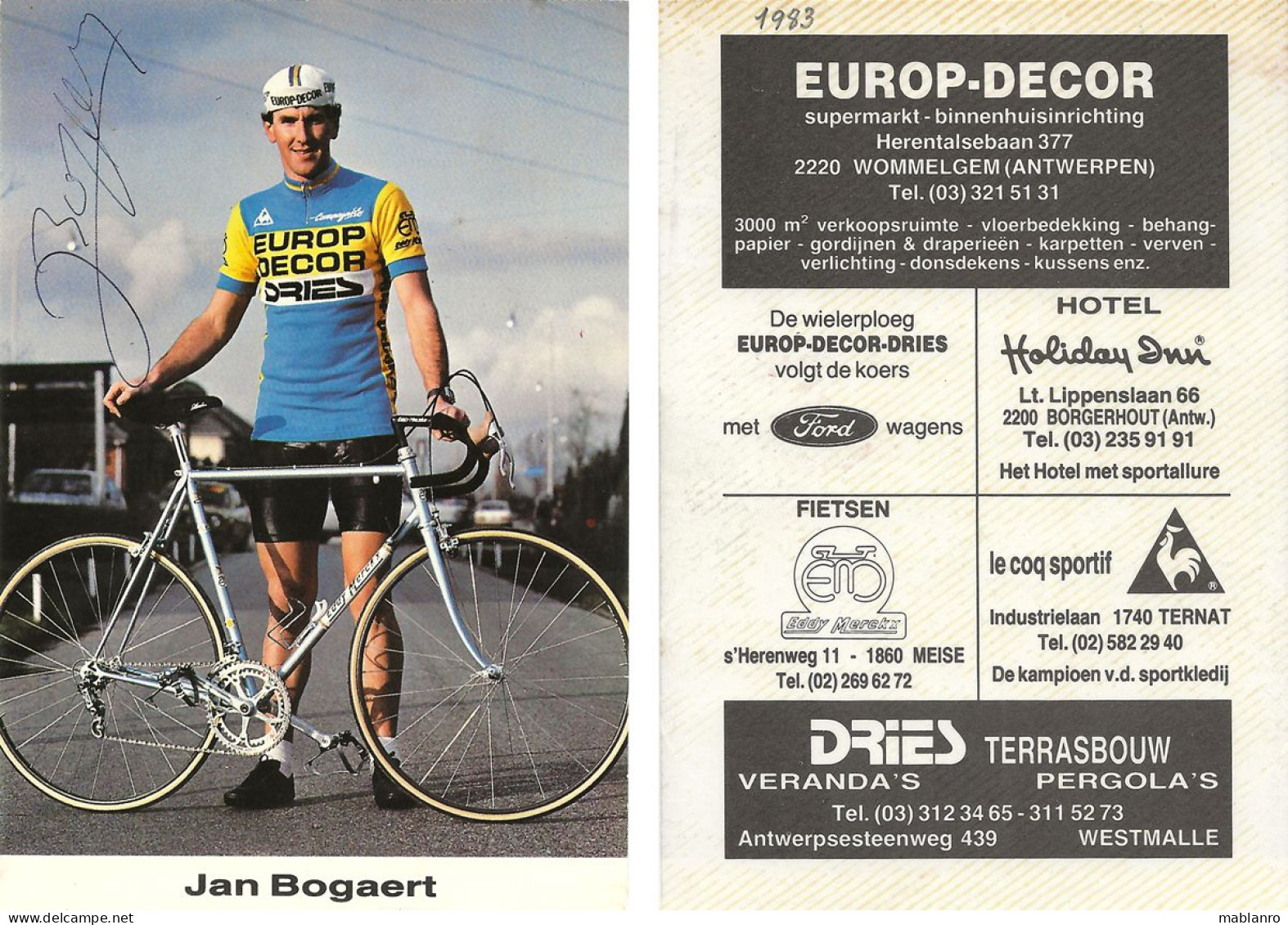 CARTE CYCLISME JAN BOGAERT SIGNEE TEAM EUROP DECOR 1983 - Cyclisme