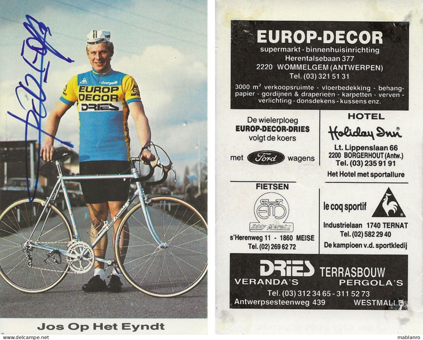 CARTE CYCLISME JOS OP HET EYNDT SIGNEE TEAM EUROP DECOR 1983 FORMAT 6,5 X 10,5 ( VIR PARTIE ARRIERE ) - Cyclisme