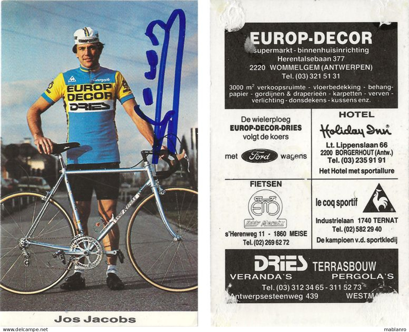 CARTE CYCLISME JOS JACOBS SIGNEE TEAM EUROP DECOR 1983 FORMAT 6,5 X 10,5 ( VIR PARTIE ARRIERE ) - Cyclisme