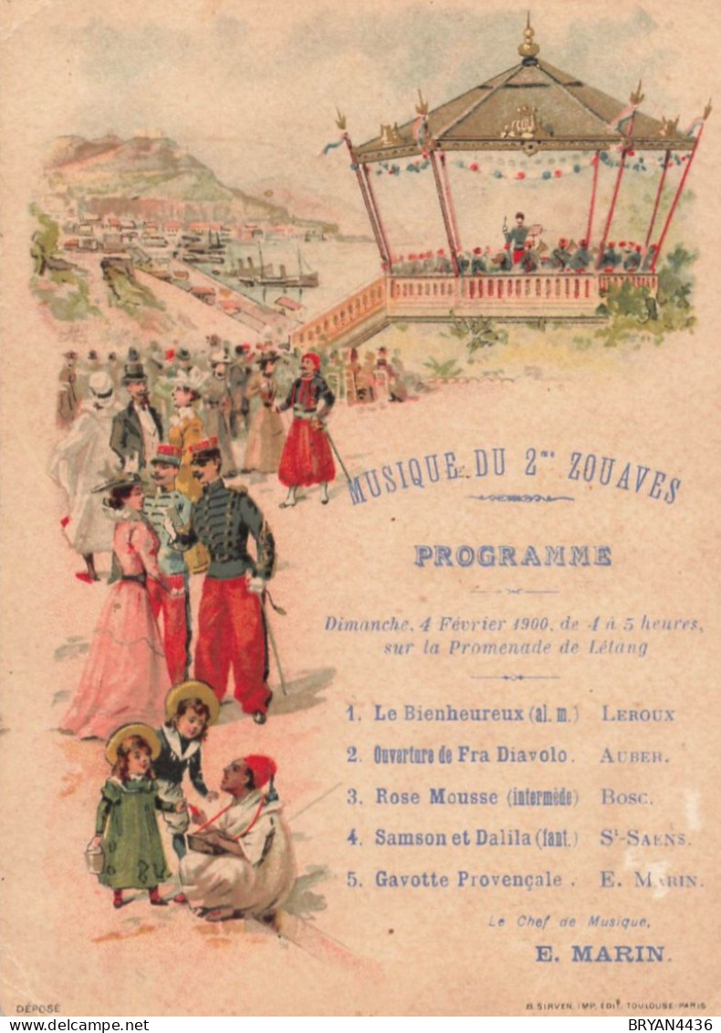 ORAN - MUSIQUE Du 2 ème ZOUAVE - PROGRAMME - 4 FEVRIER 1900 - CARTE PUB GRAND BAZAR EUROPEEN ORAN (10x15cm) - Documentos