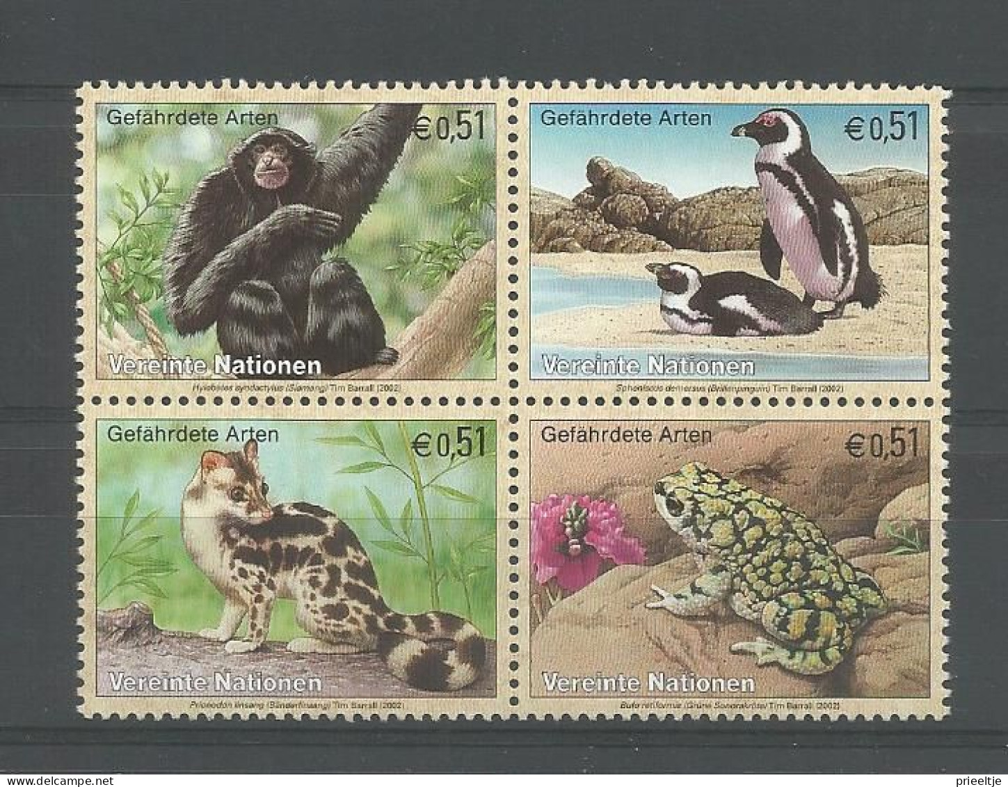 United Nations V. 2002 Endangered Animals 4-block Y.T. 370/373 ** - Unused Stamps