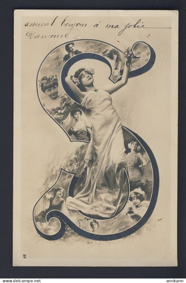 ALPHABET LETTER S - Art Nouveau Lady, Inset Pics Of Young Girls, RPPC Postcard - Autres & Non Classés