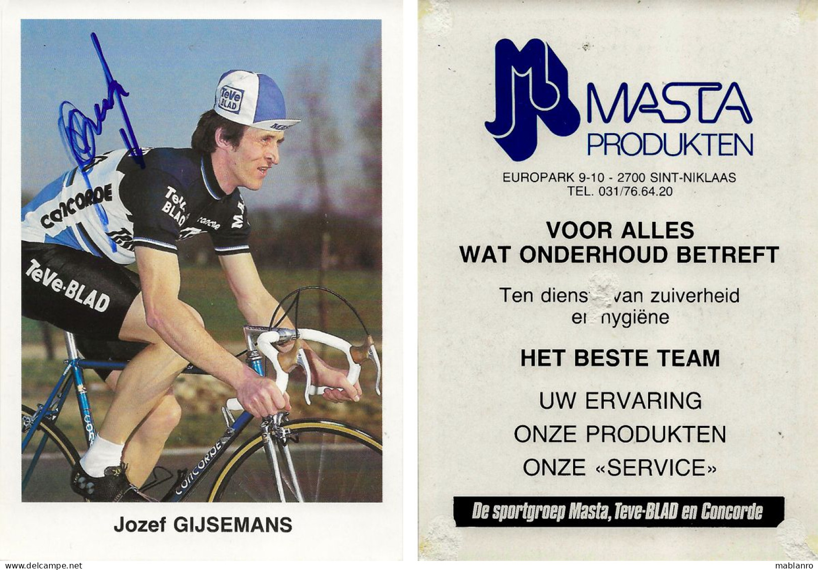 CARTE CYCLISME JOSEF GIJSEMANS SIGNEE TEAM MASTA 1983 ( VIR PARTIE ARRIERE ) - Cyclisme