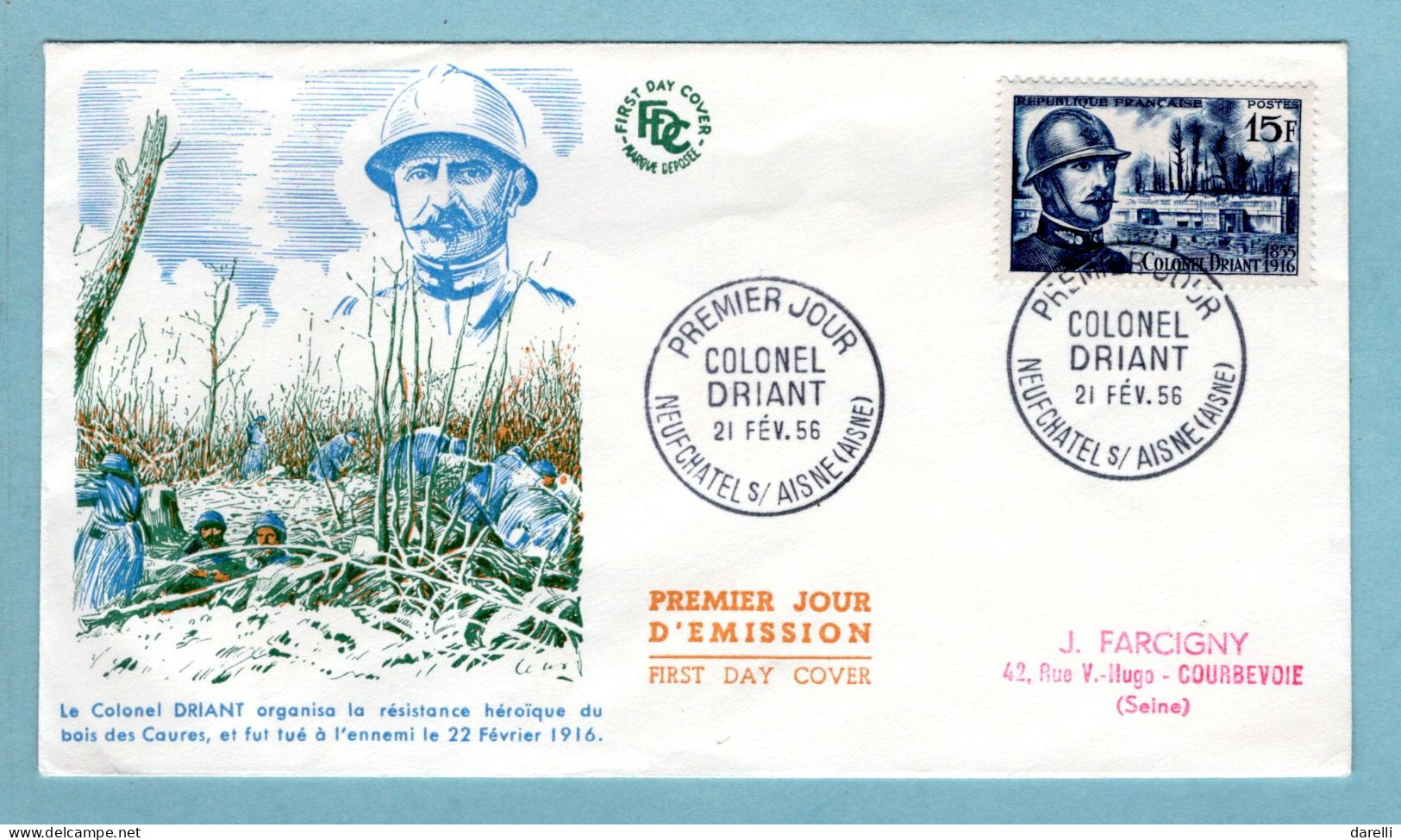 FDC France 1956 - Colonel Driant à Verdun - YT 1052 - Neufchâtel - 1950-1959
