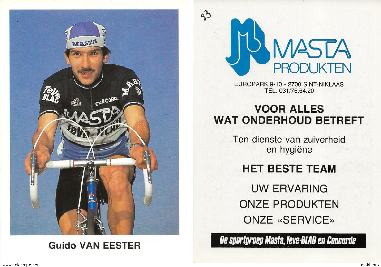 CARTE CYCLISME GUIDO VAN EESTER TEAM MASTA 1983 ( VIR PARTIE ARRIERE ) - Cyclisme