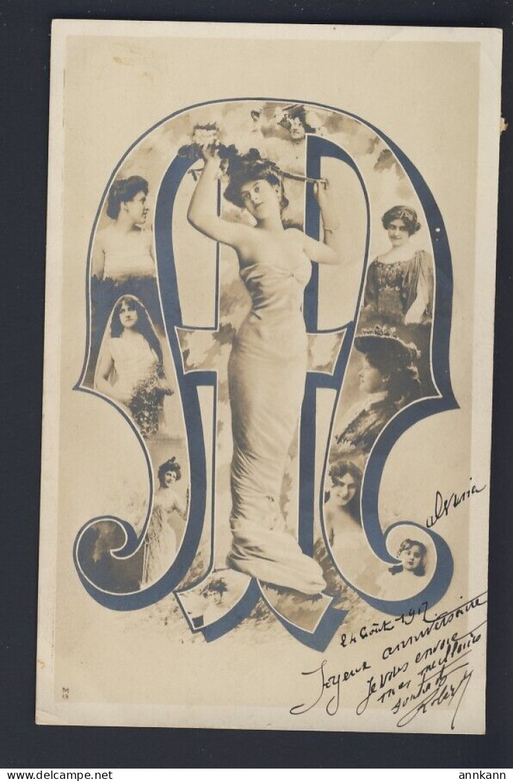 ALPHABET LETTER M - Art Nouveau Lady, Inset Pics Of Ladies, RPPC 1907 Postcard - Autres & Non Classés