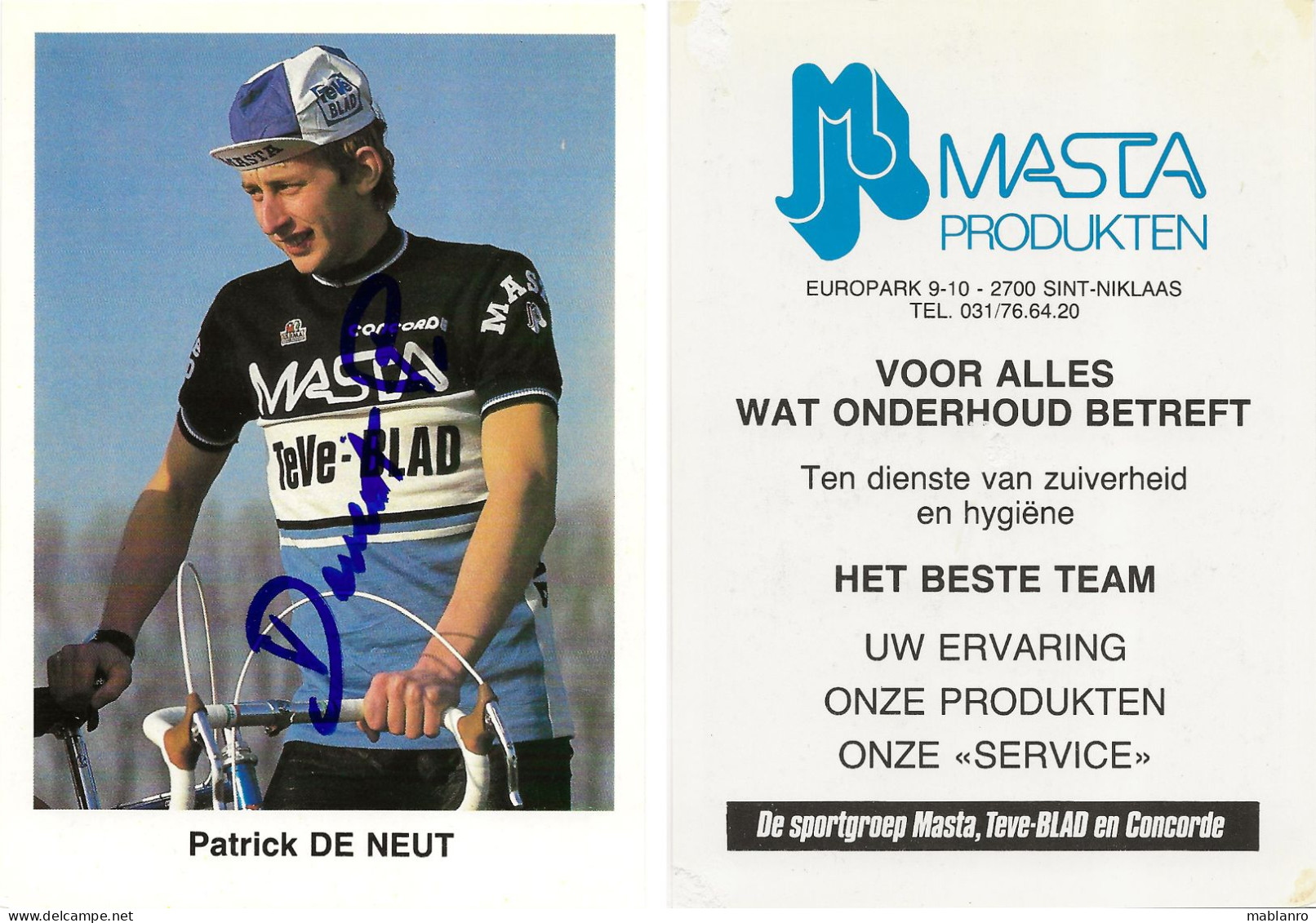 CARTE CYCLISME  PATRICK DE NEUT SIGNEE TEAM MASTA 1983 ( VOIR PARTIE ARRIERE ) - Cyclisme