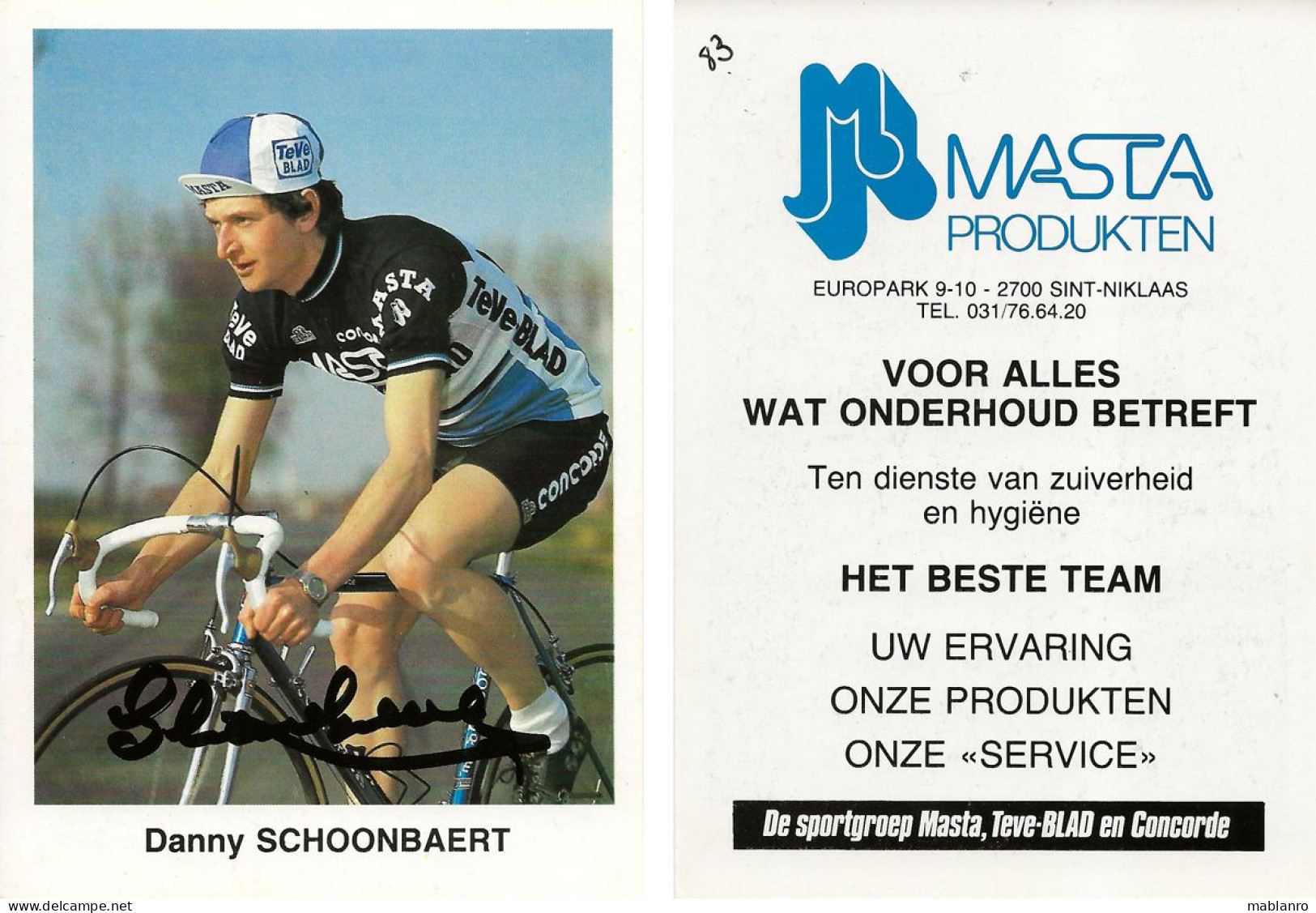 CARTE CYCLISME DANNY SCHOENBAERT TEAM MASTA 1983 ( VOIR PARTIE ARRIERE ) - Ciclismo