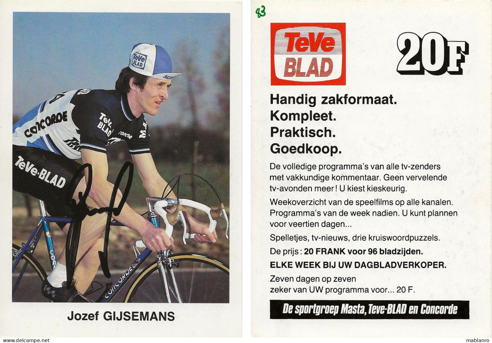 CARTE CYCLISME JOSEG GIJSEMAN SIGNEE TEAM MASTA 1983 ( VOIR PARTIE ARRIERE ) - Cyclisme