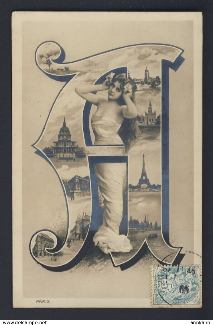 ALPHABET LETTER A - Art Nouveau Lady, Inset Building Scenes, RPPC 1905 Postcard - Autres & Non Classés