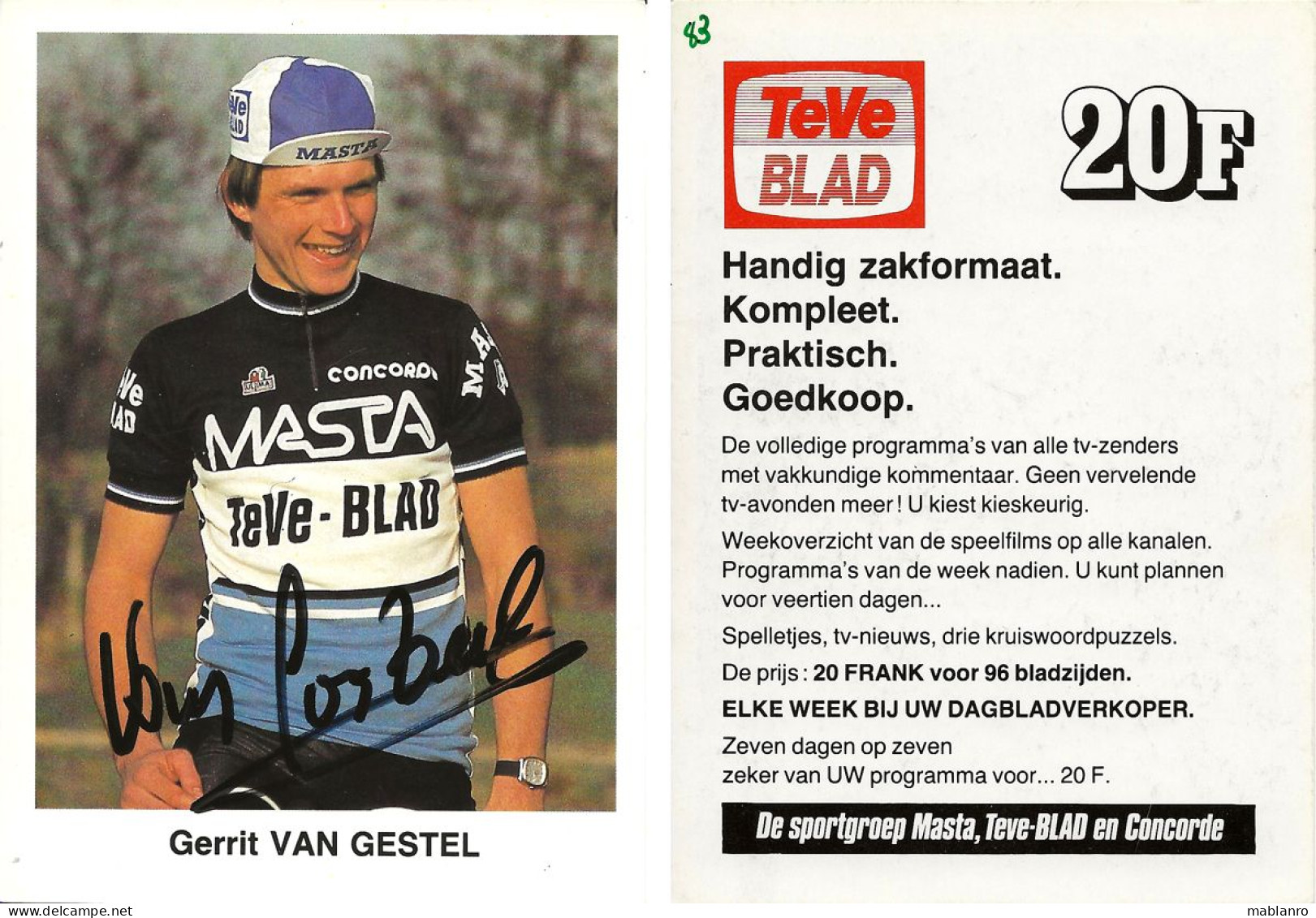 CARTE CYCLISME GERRIE VAN GESTEL SIGNEE TEAM MASTA 1983 ( VOIR PARTIE ARRIERE ) - Cyclisme