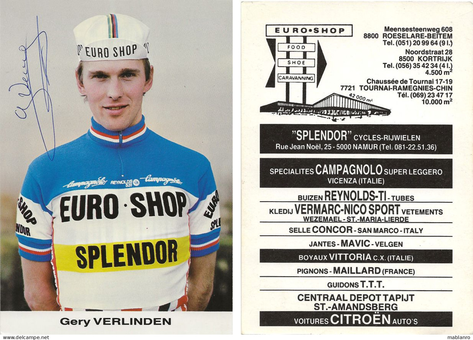 CARTE CYCLISME GERI VERLINDEN SIGNEE TEAM EURO SHOP 1983 - Cyclisme