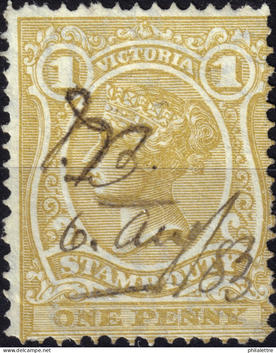 AUSTRALIA / VICTORIA - SG254a 1d Pale Bistre P.12 Stamp Duty Revenue Stamp - Used (1883 Pen Cancel / Fiscal) - VFine - Usati