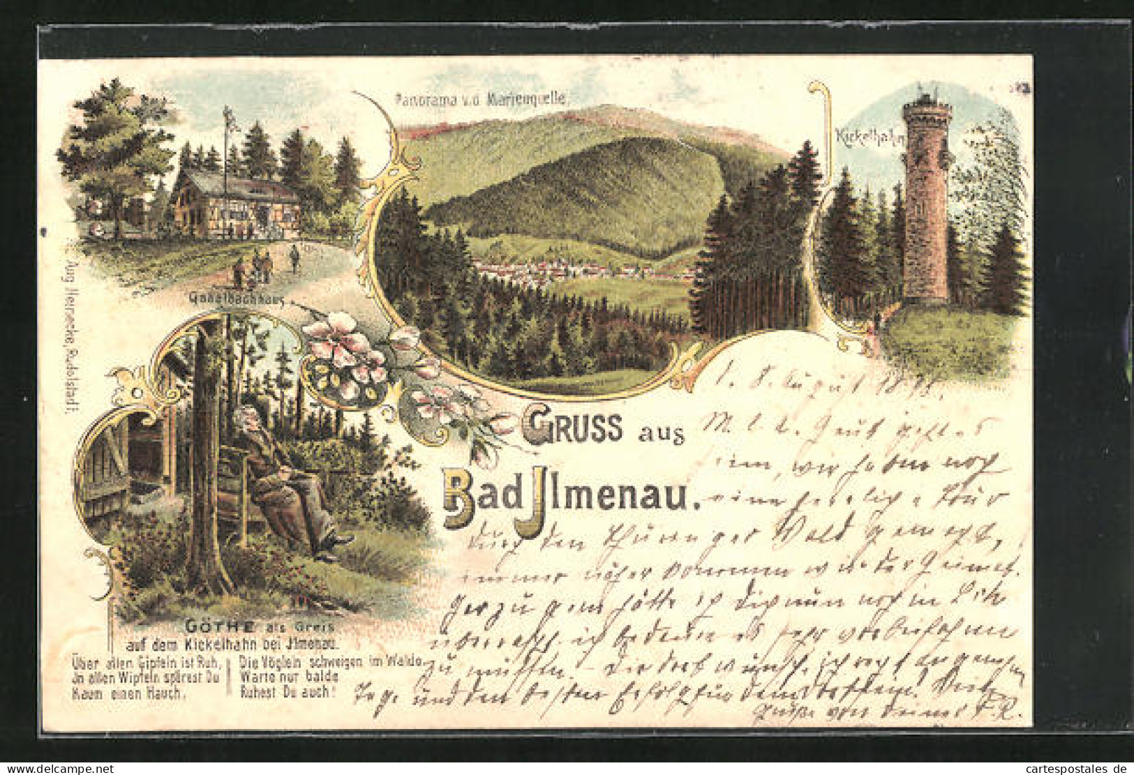 Lithographie Bad Ilmenau, Gasthof Gabelbachhaus, Göthe Als Greis  - Ilmenau